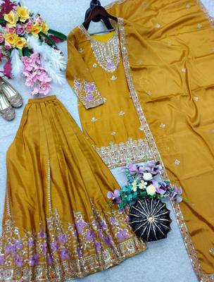 yellow color embroidery sequin work silk blend kurti sharara set 4
