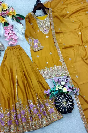 yellow color embroidery sequin work silk blend kurti sharara set