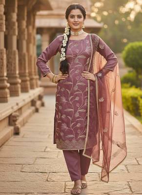 lavender embroidered glaze cotton unstitched dress material  1