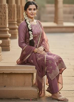 lavender embroidered glaze cotton unstitched dress material  2