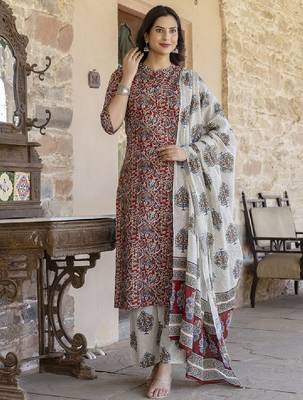 Women maroon & cream-coloured printed kurta with palazzos & dupatta 1