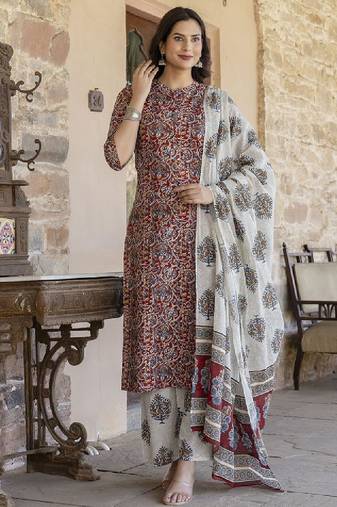 Women maroon & cream-coloured printed kurta with palazzos & dupatta