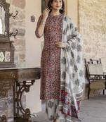 Women maroon & cream-coloured printed kurta with palazzos & dupatta