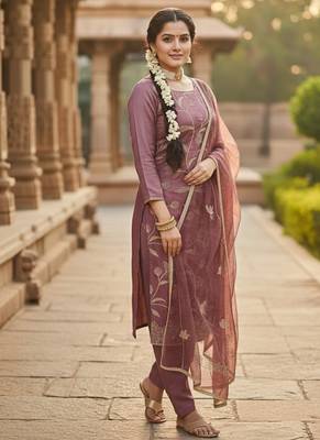lavender embroidered glaze cotton unstitched dress material  3
