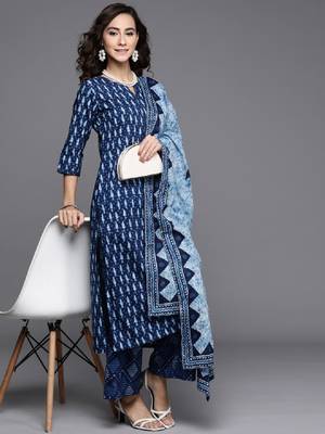 Women blue printed pure cotton kurta with palazzos & dupatta 1