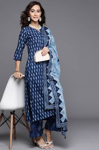 Women blue printed pure cotton kurta with palazzos & dupatta