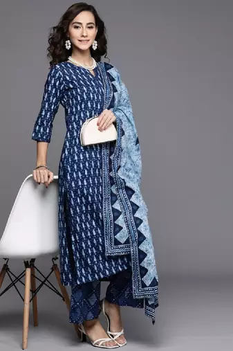 Women blue printed pure cotton kurta with palazzos & dupatta