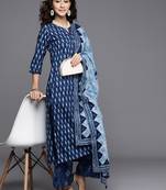 Women blue printed pure cotton kurta with palazzos & dupatta