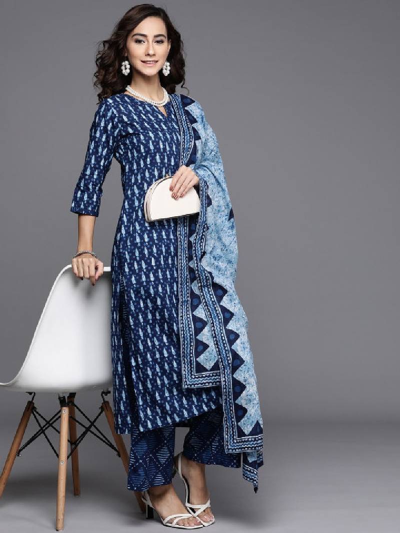 Women blue printed pure cotton kurta with palazzos & dupatta