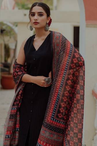 Women black ethnic motifs pure cotton kurta with palazzos & dupatta