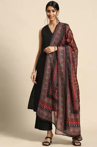 Women black ethnic motifs pure cotton kurta with palazzos & dupatta