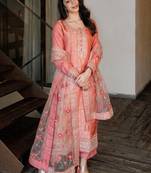 Women peach-coloured floral kurta with trousers & dupatta