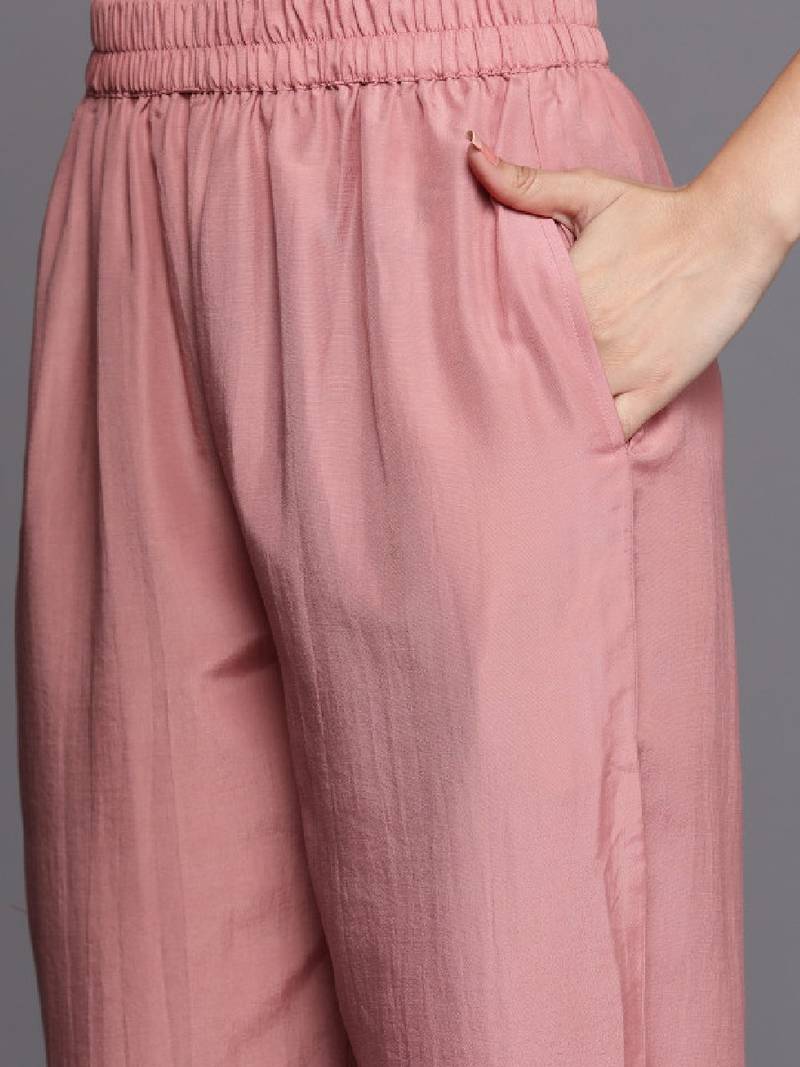 Women peach-coloured floral kurta with trousers & dupatta