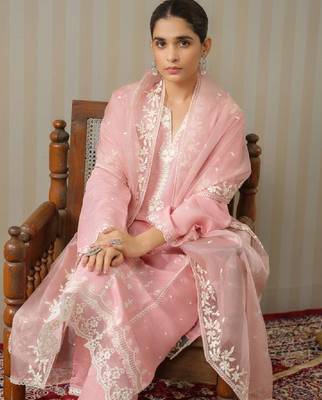 Ethnic motifs embroidered straight kurta with trousers & dupatta 1