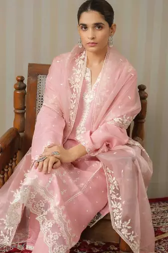 Ethnic motifs embroidered straight kurta with trousers & dupatta