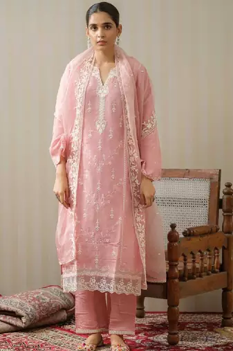 Ethnic motifs embroidered straight kurta with trousers & dupatta