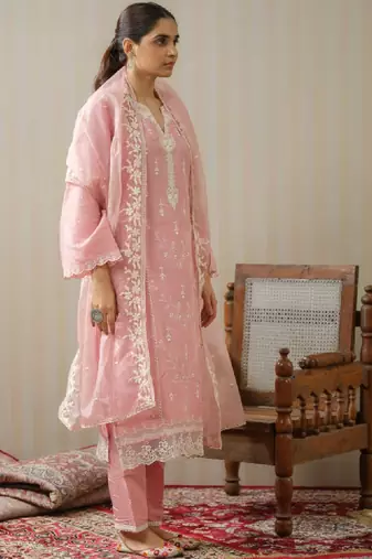 Ethnic motifs embroidered straight kurta with trousers & dupatta