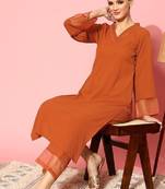 Rust flared sleeve organza detailed v neck textured kurta with palazzo