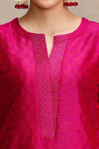 Women pink zari work textured kurta with trouser and printed dupatta