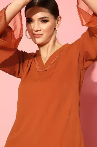 Rust flared sleeve organza detailed v neck textured kurta with palazzo