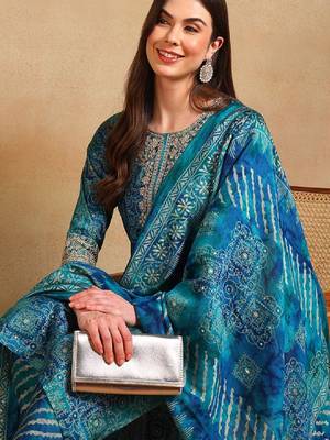 Ethnic motifs printed thread work straight kurta with trouser & dupatta 1