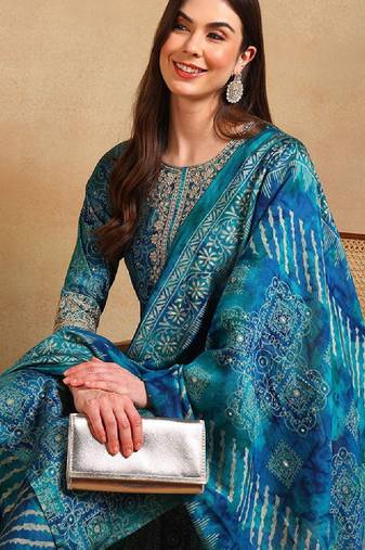 Ethnic motifs printed thread work straight kurta with trouser & dupatta