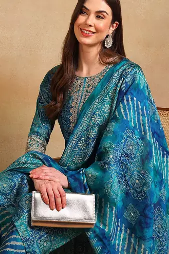 Ethnic motifs printed thread work straight kurta with trouser & dupatta