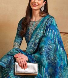 Ethnic motifs printed thread work straight kurta with trouser & dupatta