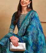 Ethnic motifs printed thread work straight kurta with trouser & dupatta
