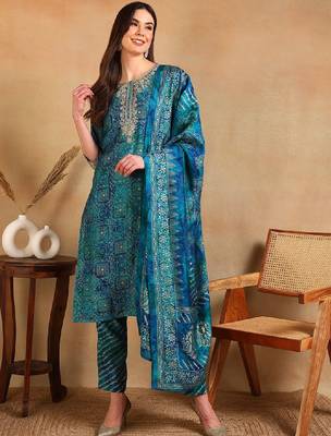 Ethnic motifs printed thread work straight kurta with trouser & dupatta 2