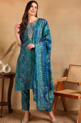 Ethnic motifs printed thread work straight kurta with trouser & dupatta