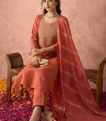 Ethnic motifs yoke design sequinned kurta with trousers & dupatta