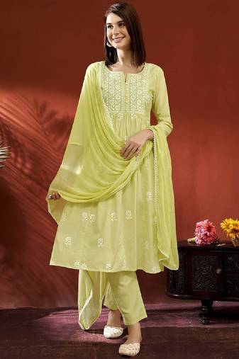 Women floral panelled thread work cotton kurta with trousers & with dupatta