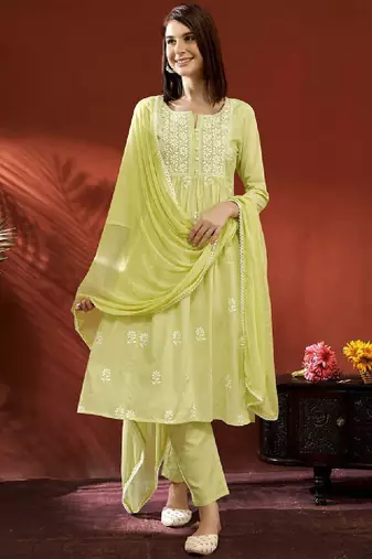 Women floral panelled thread work cotton kurta with trousers & with dupatta
