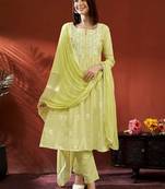 Women floral panelled thread work cotton kurta with trousers & with dupatta