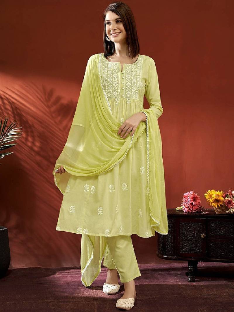 Women floral panelled thread work cotton kurta with trousers & with dupatta