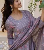 Women floral yoke design panelled aari work pure cotton kurta with trousers & with dupatta
