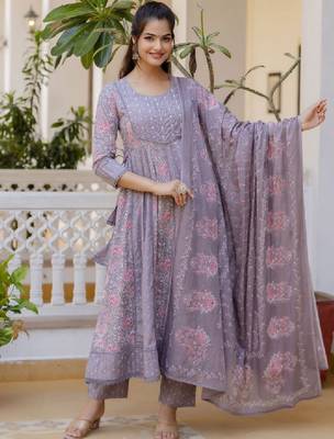 Women floral yoke design panelled aari work pure cotton kurta with trousers & with dupatta 2