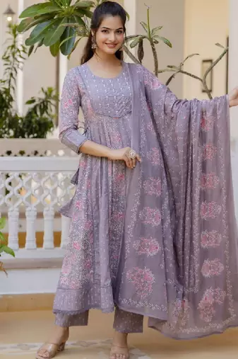 Women floral yoke design panelled aari work pure cotton kurta with trousers & with dupatta