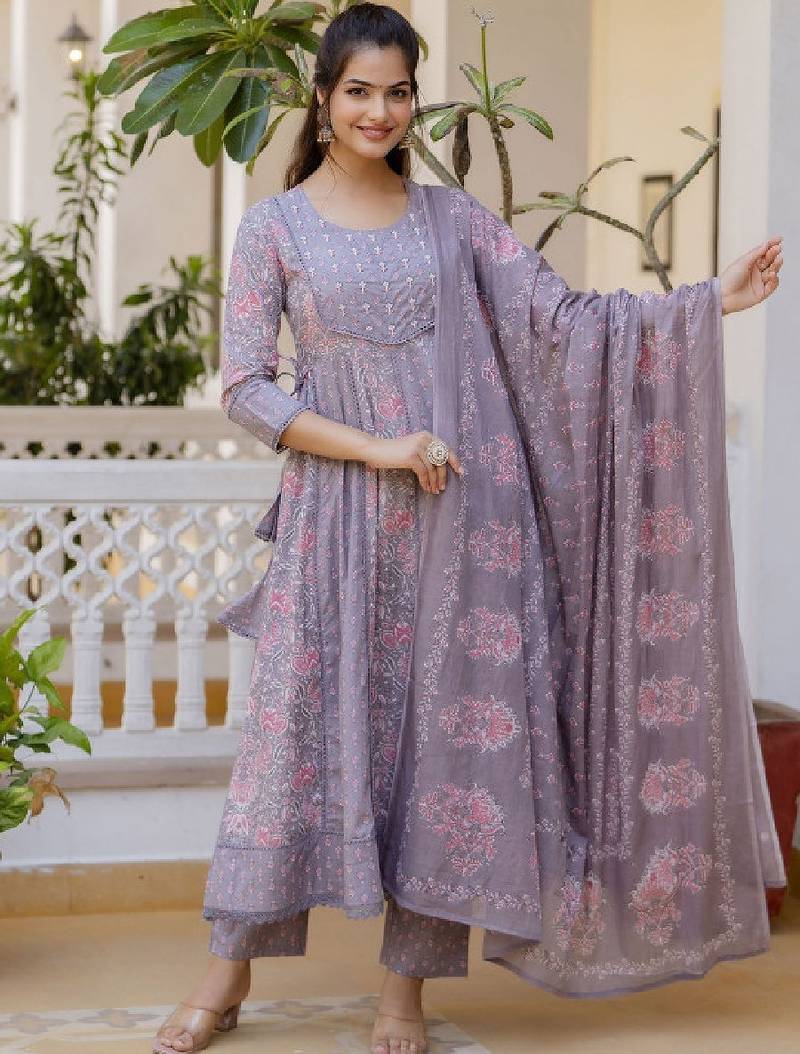 Women floral yoke design panelled aari work pure cotton kurta with trousers & with dupatta