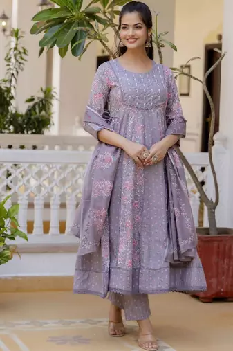 Women floral yoke design panelled aari work pure cotton kurta with trousers & with dupatta