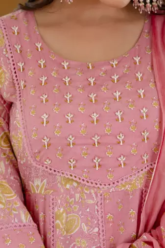 Women floral printed panelled aari work pure cotton kurta with trousers & with dupatta