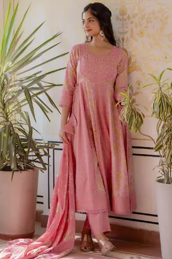 Women floral printed panelled aari work pure cotton kurta with trousers & with dupatta