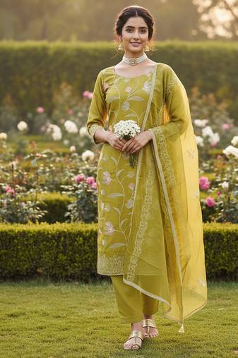 yellow embroidered glaze cotton unstitched dress material 