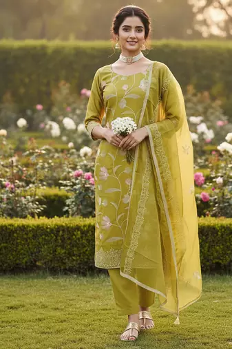 yellow embroidered glaze cotton unstitched dress material 