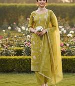 yellow embroidered glaze cotton unstitched dress material 