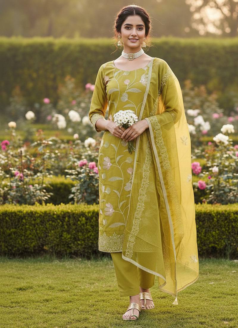 yellow embroidered glaze cotton unstitched dress material 