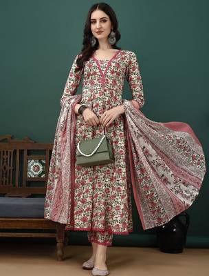 Floral printed pure cotton anarkali kurta with trousers & dupatta 1