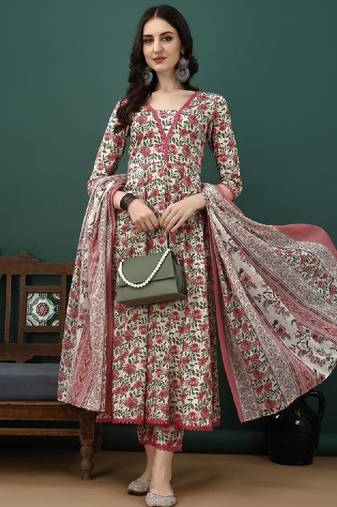 Floral printed pure cotton anarkali kurta with trousers & dupatta