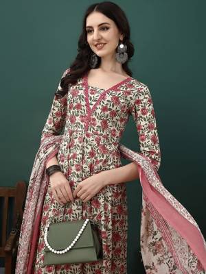 Floral printed pure cotton anarkali kurta with trousers & dupatta 2